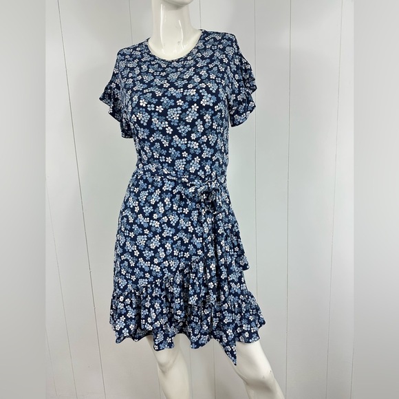 Michael Kors Womens Floral Tie Waist Ruffled Dress Size XS Flutter Sleeve Blue - Picture 1 of 9